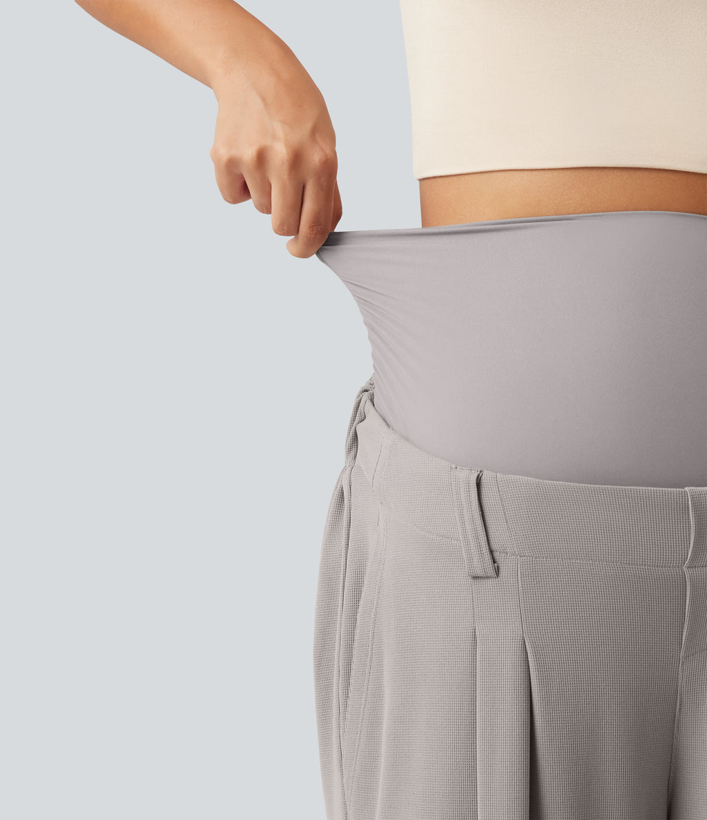 Super High Waisted Wide Leg Waffle Maternity Work Trousers with Pockets — Mink Ash — view 5