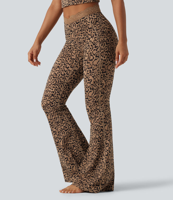 Leopard Print V-Shaped High Waisted Contrast Lace Yoga Flare Leggings with Pockets — Tan Leopard — view 1