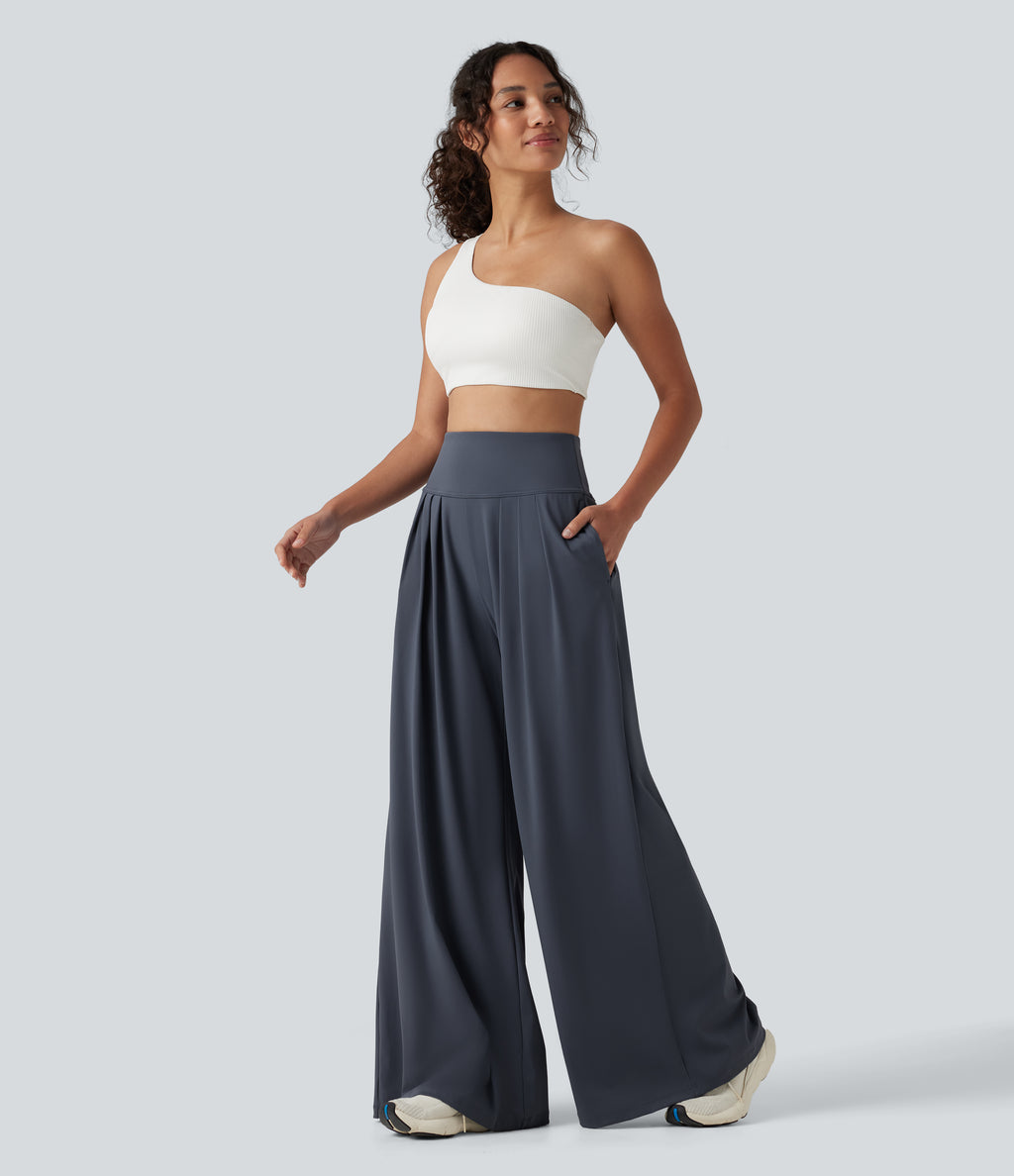 Airy High Waisted Pleated Baggy InstantCool Yoga Trousers with Pockets — Fog Grey Blue — view 8