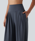 Airy High Waisted Pleated Baggy InstantCool Yoga Trousers with Pockets — Fog Grey Blue — view 4