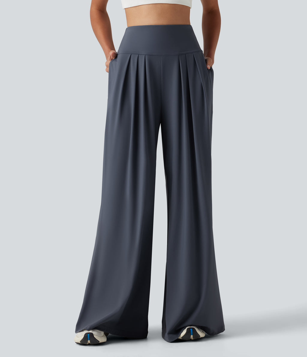 Airy High Waisted Pleated Baggy InstantCool Yoga Trousers with Pockets — Fog Grey Blue — view 1