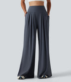 Airy High Waisted Pleated Baggy InstantCool Yoga Trousers with Pockets — Fog Grey Blue — view 1