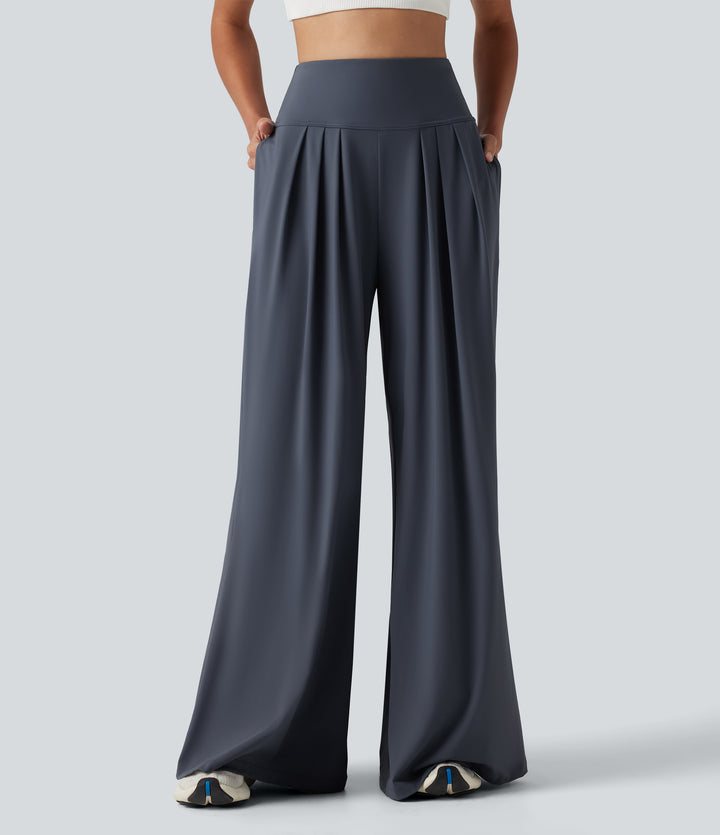 Airy High Waisted Pleated Baggy InstantCool Yoga Trousers with Pockets — Fog Grey Blue — view 1
