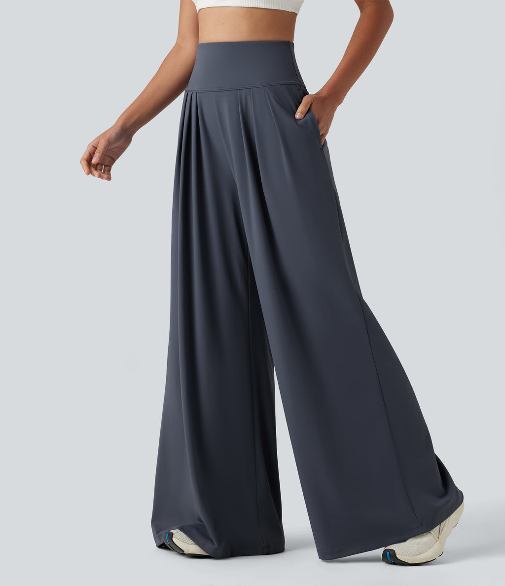 Airy High Waisted Pleated Baggy InstantCool Yoga Trousers with Pockets — Fog Grey Blue — view 3