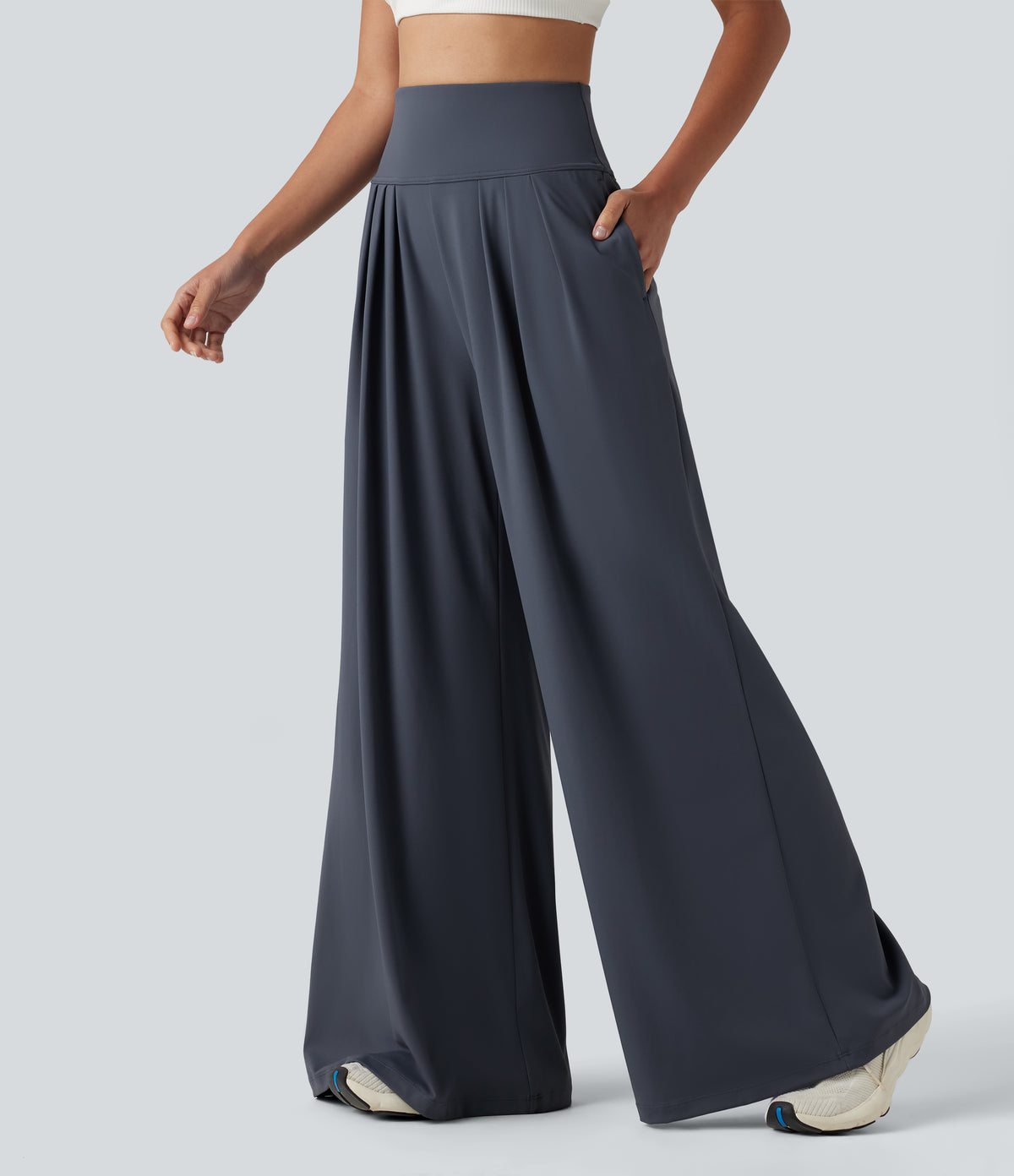 Airy High Waisted Pleated Baggy InstantCool Yoga Trousers with Pockets — Fog Grey Blue — view 3