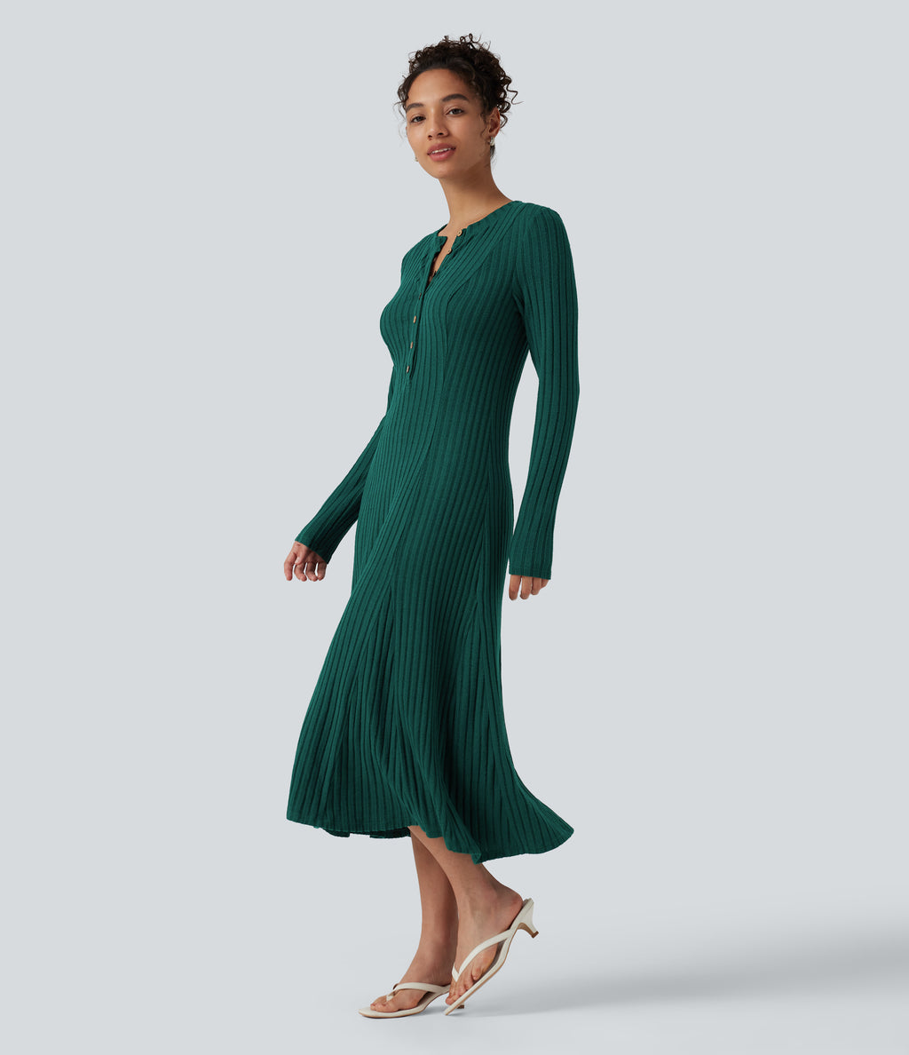 Ribbed Knit Henley Neck Long Sleeve Flowy Midi Casual Dress — Mottled Greenlake — view 3