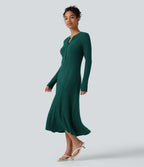 Ribbed Knit Henley Neck Long Sleeve Flowy Midi Casual Dress — Mottled Greenlake — view 3
