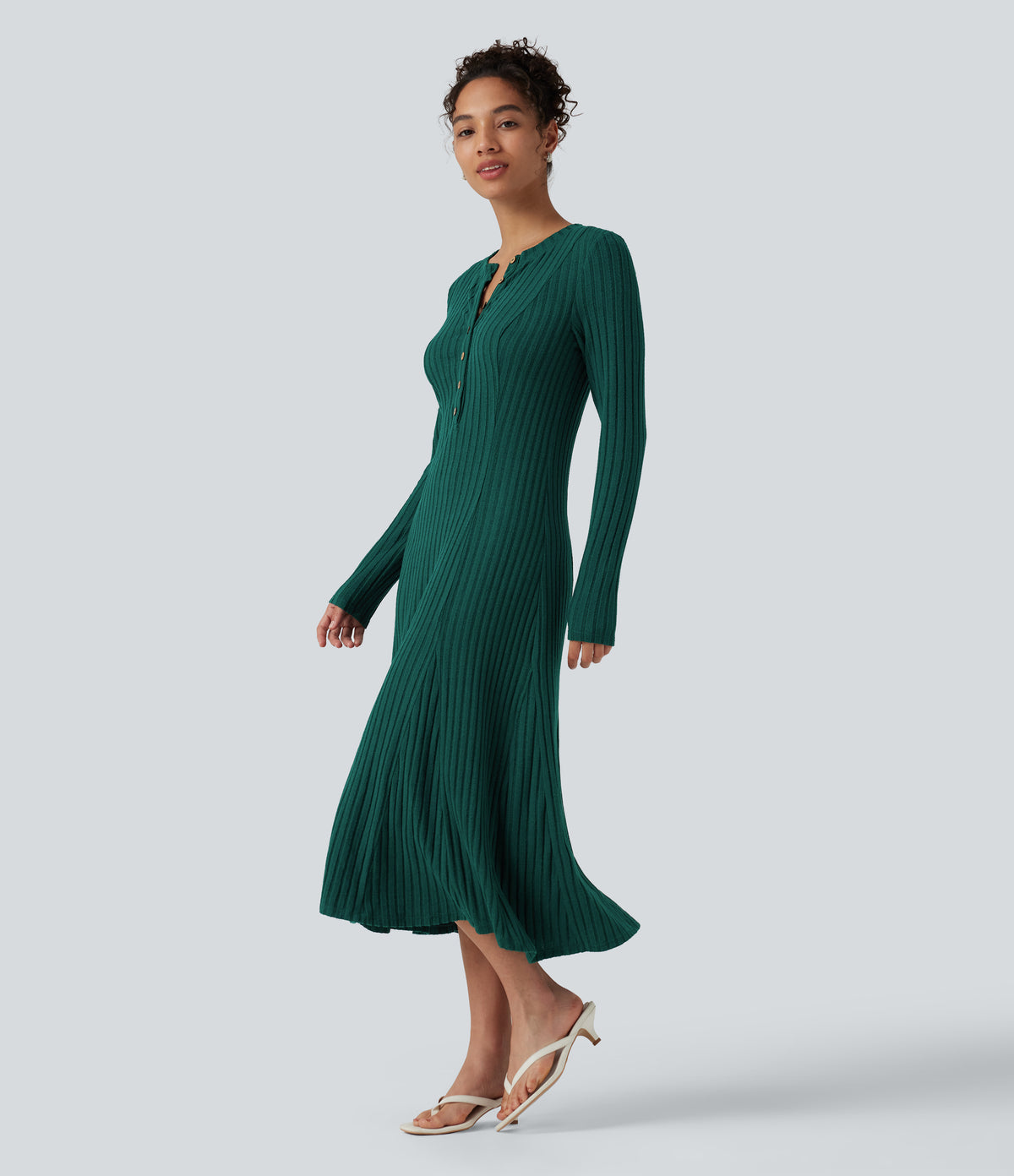 Ribbed Knit Henley Neck Long Sleeve Flowy Midi Casual Dress — Mottled Greenlake — view 3