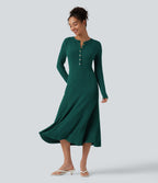 Ribbed Knit Henley Neck Long Sleeve Flowy Midi Casual Dress — Mottled Greenlake — view 1