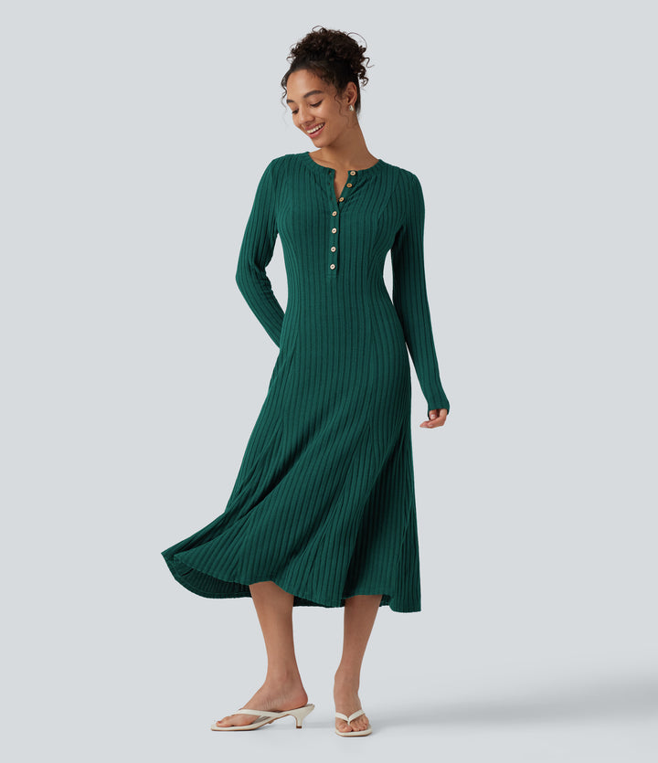 Ribbed Knit Henley Neck Long Sleeve Flowy Midi Casual Dress — Mottled Greenlake — view 1