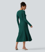 Ribbed Knit Henley Neck Long Sleeve Flowy Midi Casual Dress — Mottled Greenlake — view 2