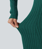 Ribbed Knit Henley Neck Long Sleeve Flowy Midi Casual Dress — Mottled Greenlake — view 6