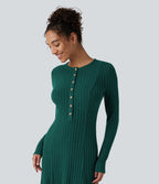 Ribbed Knit Henley Neck Long Sleeve Flowy Midi Casual Dress — Mottled Greenlake — view 4