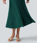 Ribbed Knit Henley Neck Long Sleeve Flowy Midi Casual Dress — Mottled Greenlake — view 5