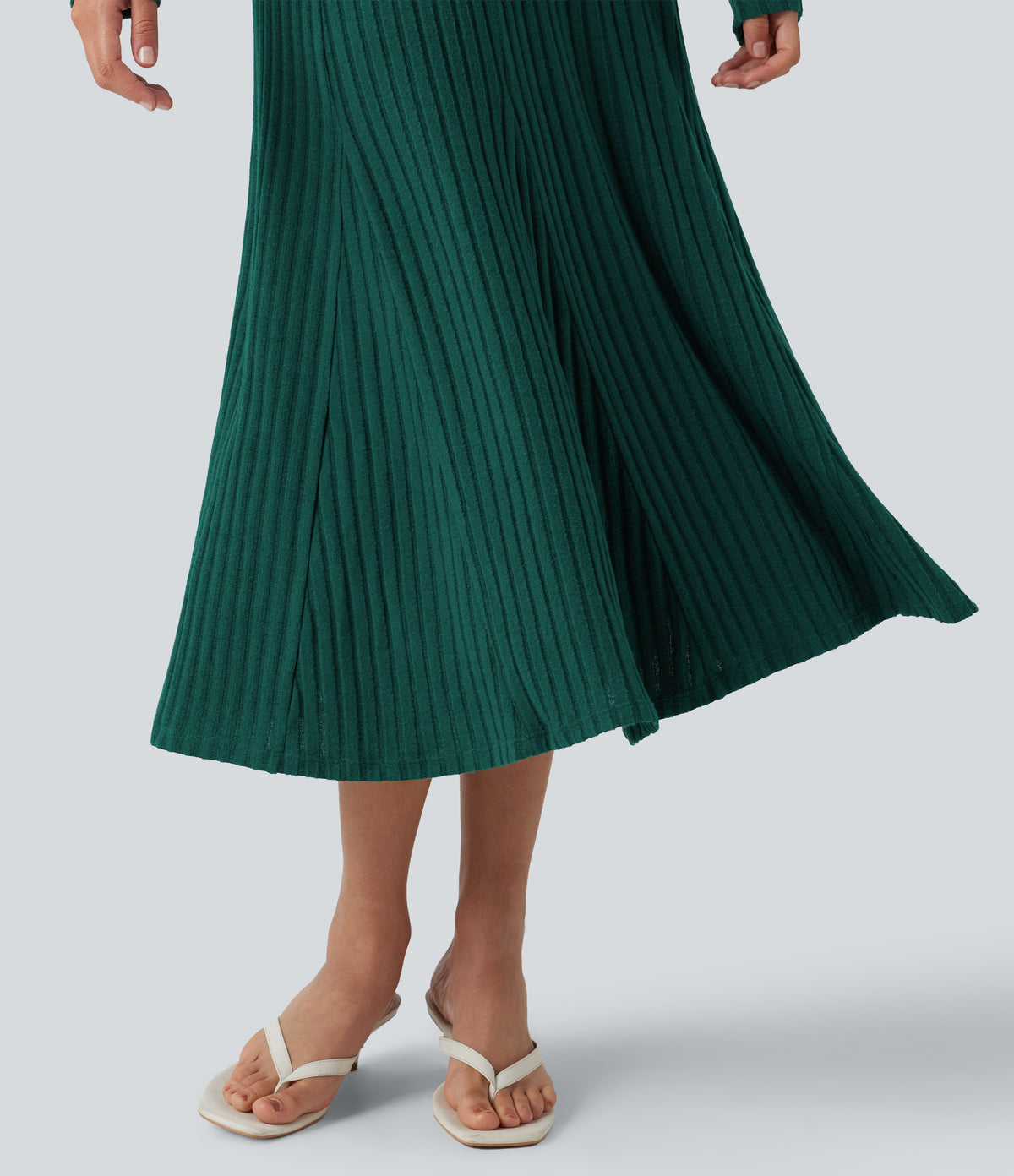 Ribbed Knit Henley Neck Long Sleeve Flowy Midi Casual Dress — Mottled Greenlake — view 5