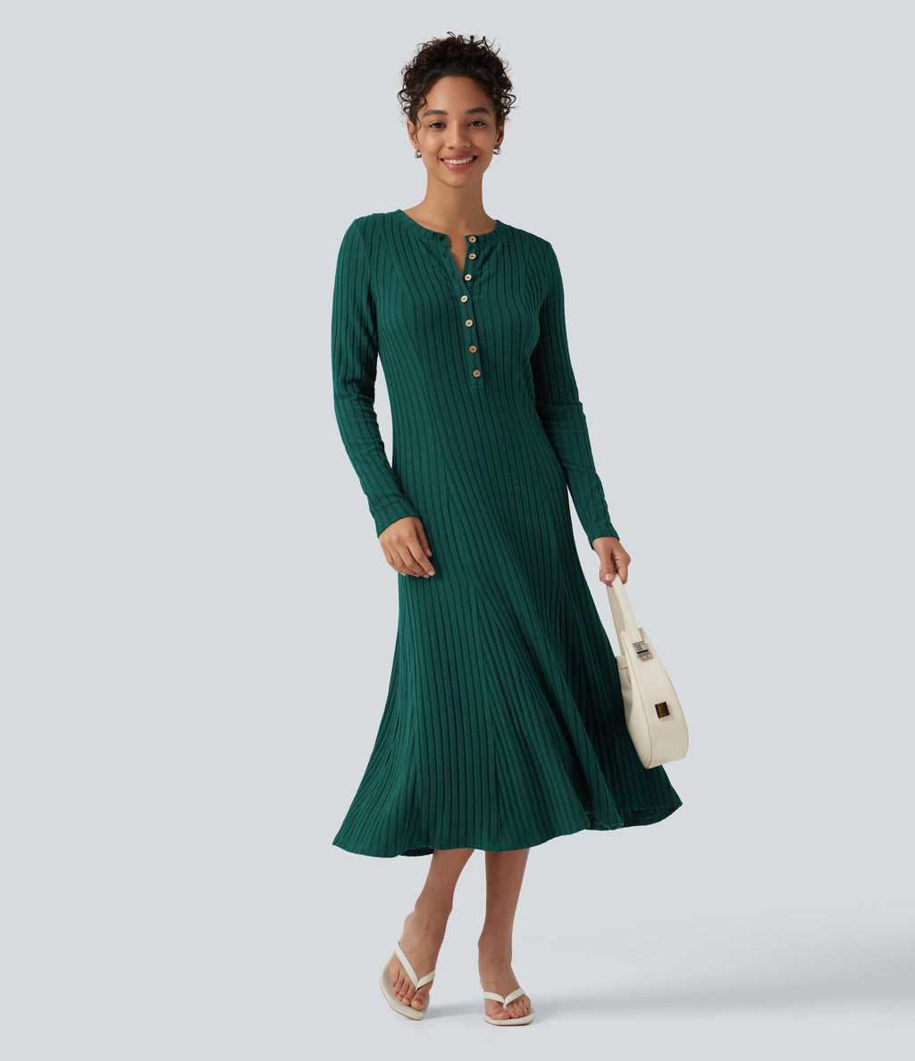 Ribbed Knit Henley Neck Long Sleeve Flowy Midi Casual Dress — Mottled Greenlake — view 7