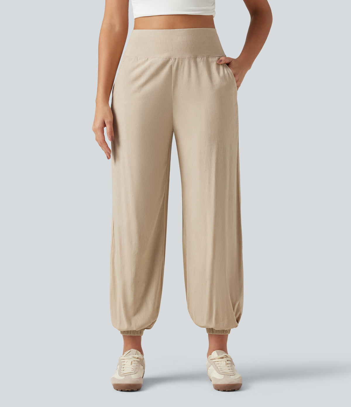 High Waisted Casual Stretch Linen Joggers with Pockets — Oatfield Cream — view 3