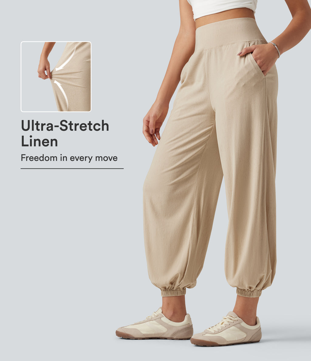 High Waisted Casual Stretch Linen Joggers with Pockets — Oatfield Cream — view 1