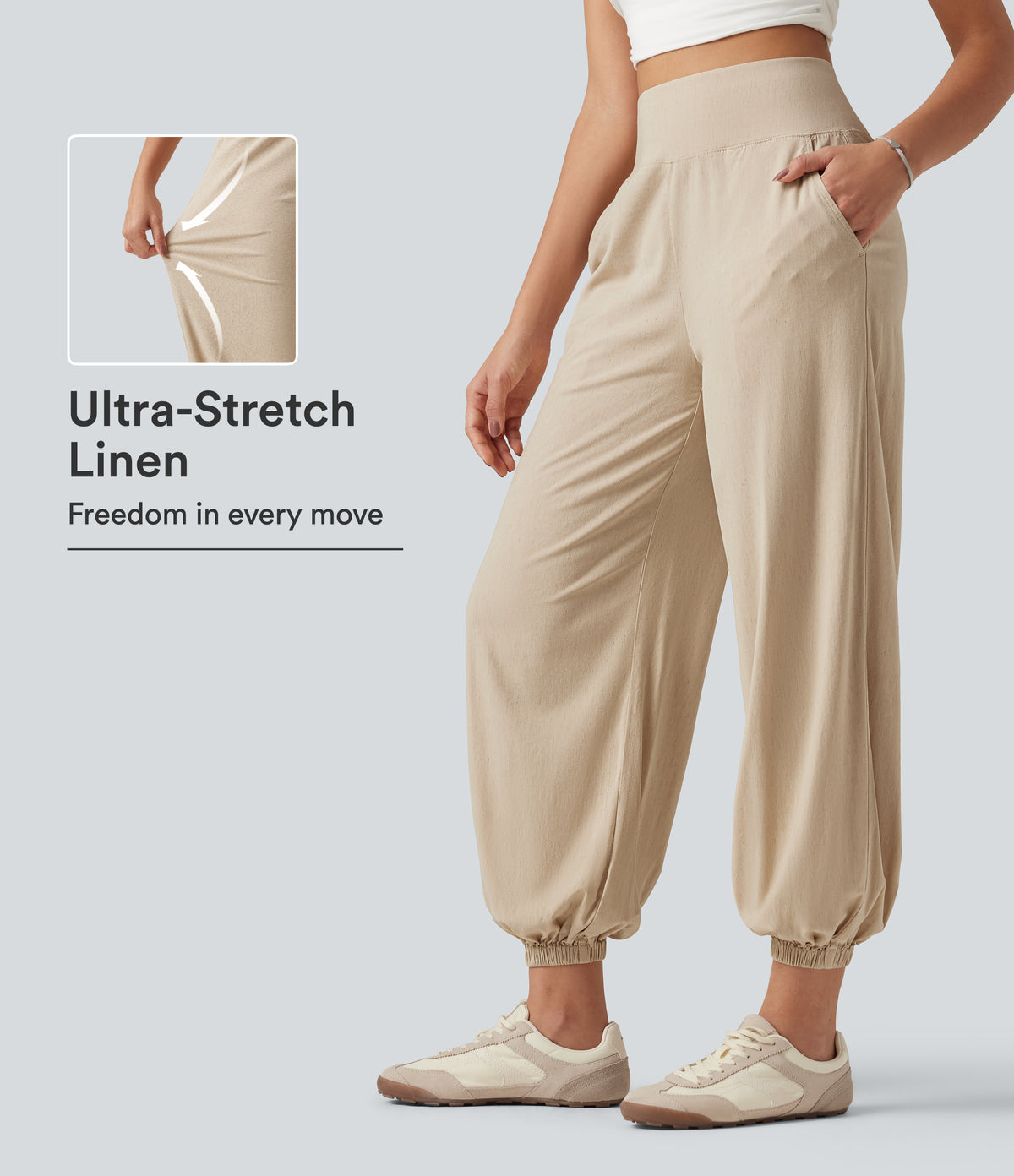 High Waisted Casual Stretch Linen Joggers with Pockets — Oatfield Cream — view 1