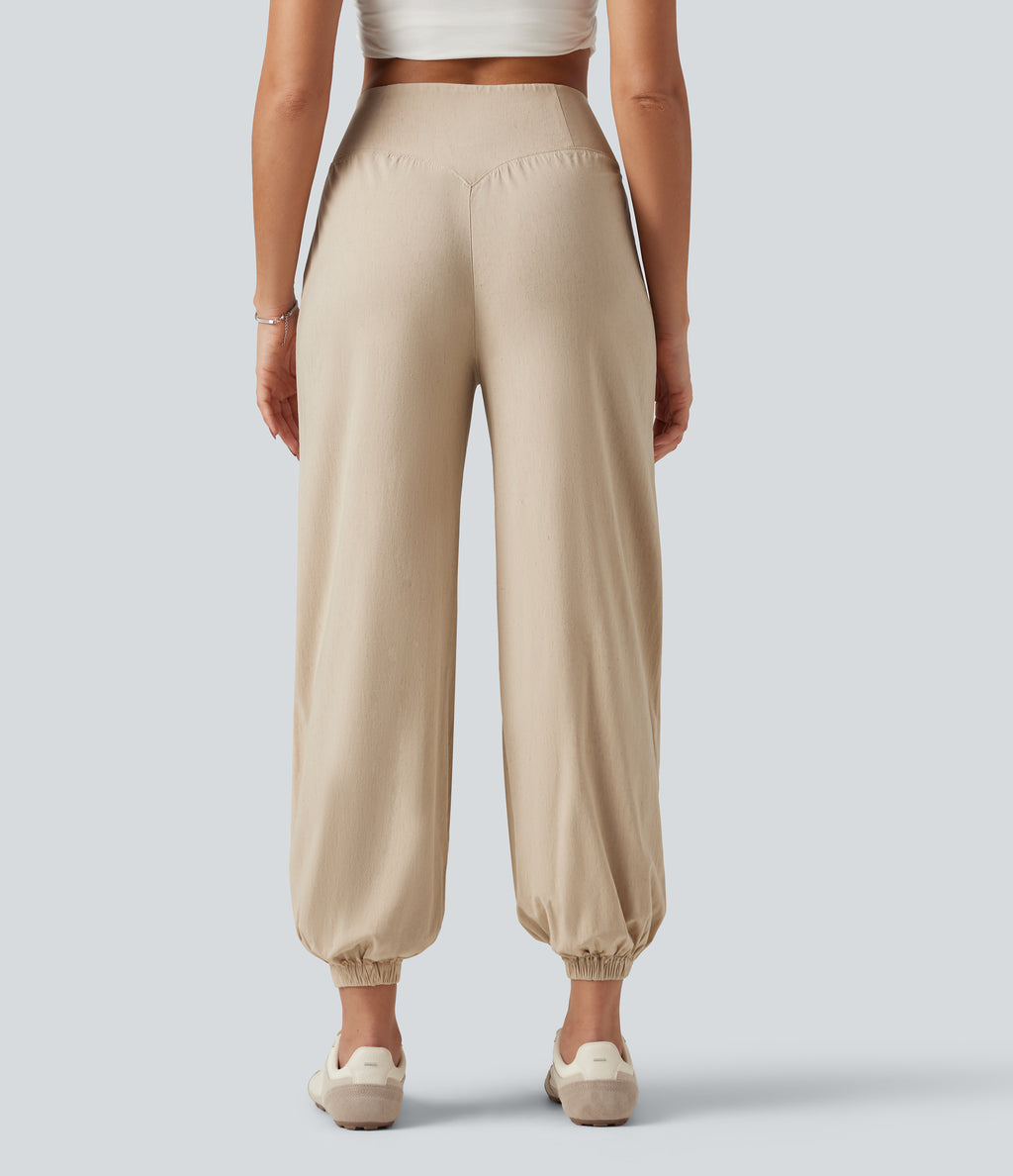 High Waisted Casual Stretch Linen Joggers with Pockets — Oatfield Cream — view 2