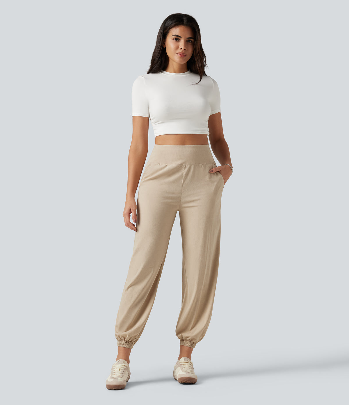 High Waisted Casual Stretch Linen Joggers with Pockets — Oatfield Cream — view 7