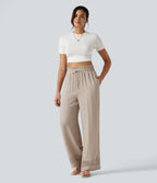High Waisted Drawstring Casual Linen-Feel Trousers with Pockets — Peyote — view 7