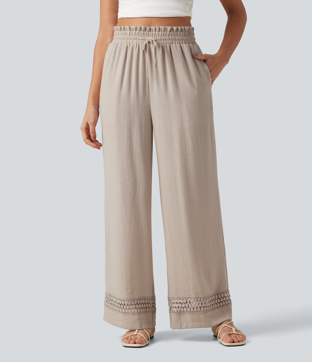 High Waisted Drawstring Casual Linen-Feel Trousers with Pockets — Peyote — view 3
