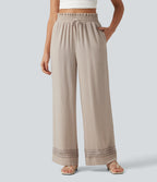 High Waisted Drawstring Casual Linen-Feel Trousers with Pockets — Peyote — view 3