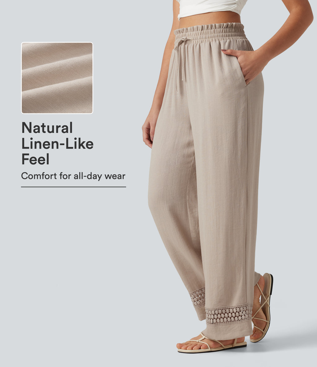 High Waisted Drawstring Casual Linen-Feel Trousers with Pockets — Peyote — view 1