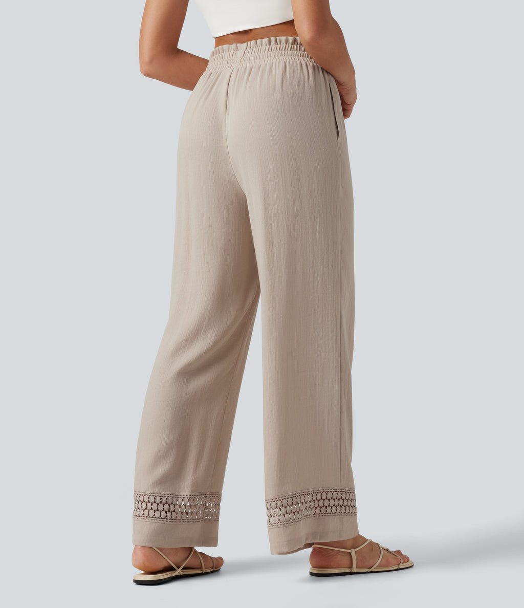 High Waisted Drawstring Casual Linen-Feel Trousers with Pockets — Peyote — view 2