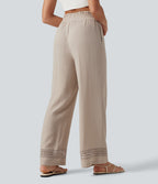 High Waisted Drawstring Casual Linen-Feel Trousers with Pockets — Peyote — view 2