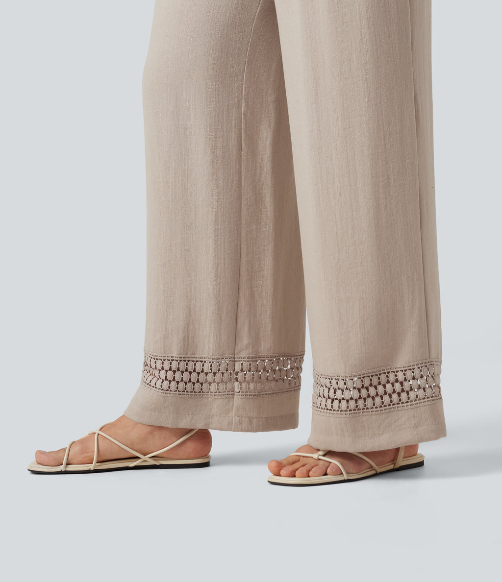 High Waisted Drawstring Casual Linen-Feel Trousers with Pockets — Peyote — view 6