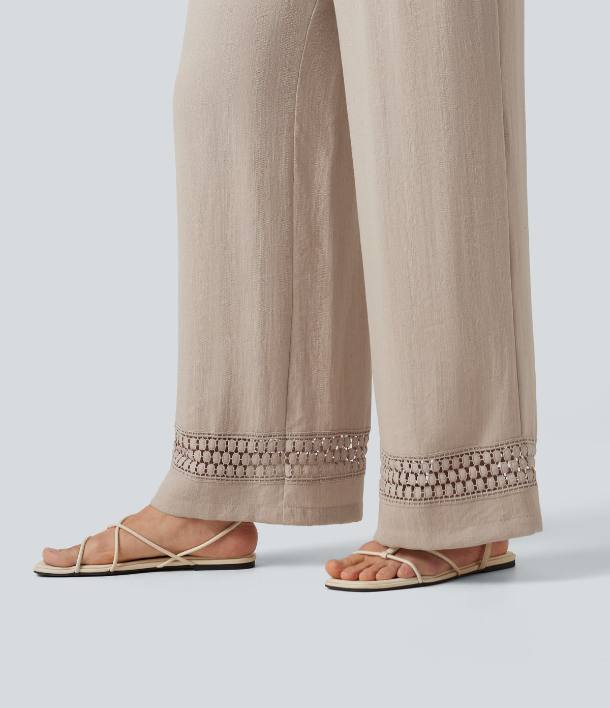 High Waisted Drawstring Casual Linen-Feel Trousers with Pockets — Peyote — view 6