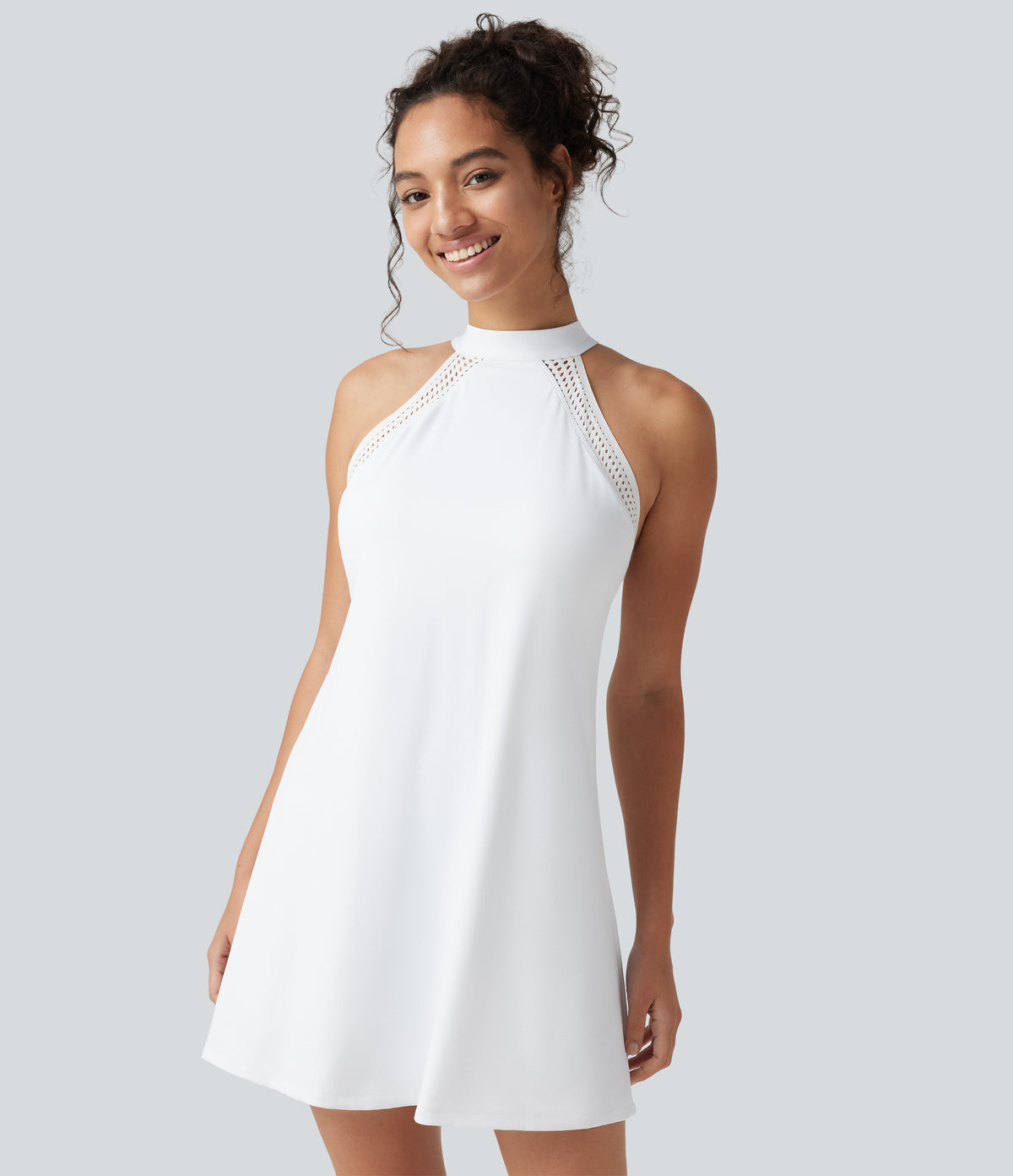 Airy Tie Back Built-in Bra 2-in-1 InstantCool Mini Yoga Active Dress with Pocket-Longer Length — White — view 6
