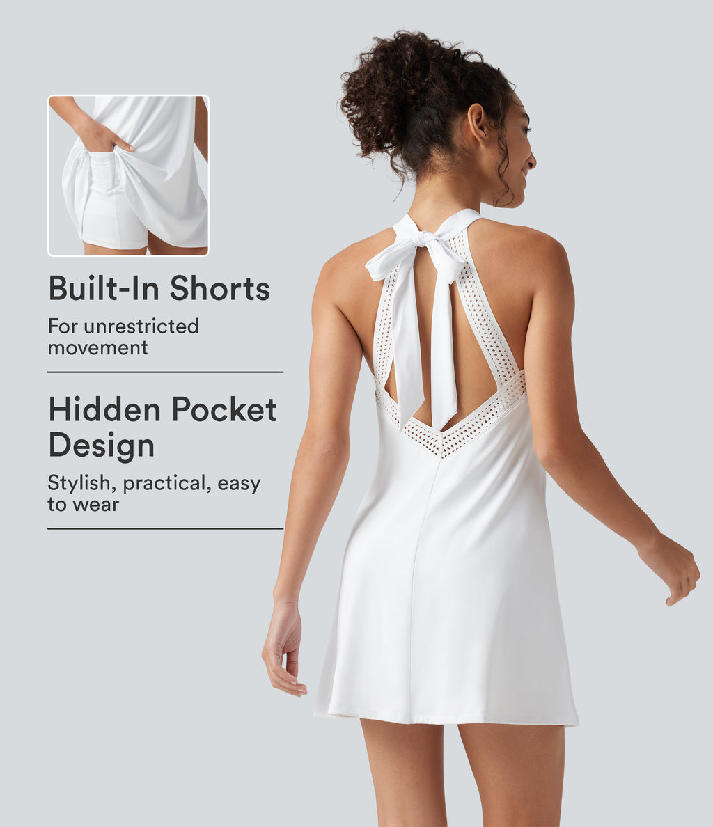 Airy Tie Back Built-in Bra 2-in-1 InstantCool Mini Yoga Active Dress with Pocket-Longer Length — White — view 1