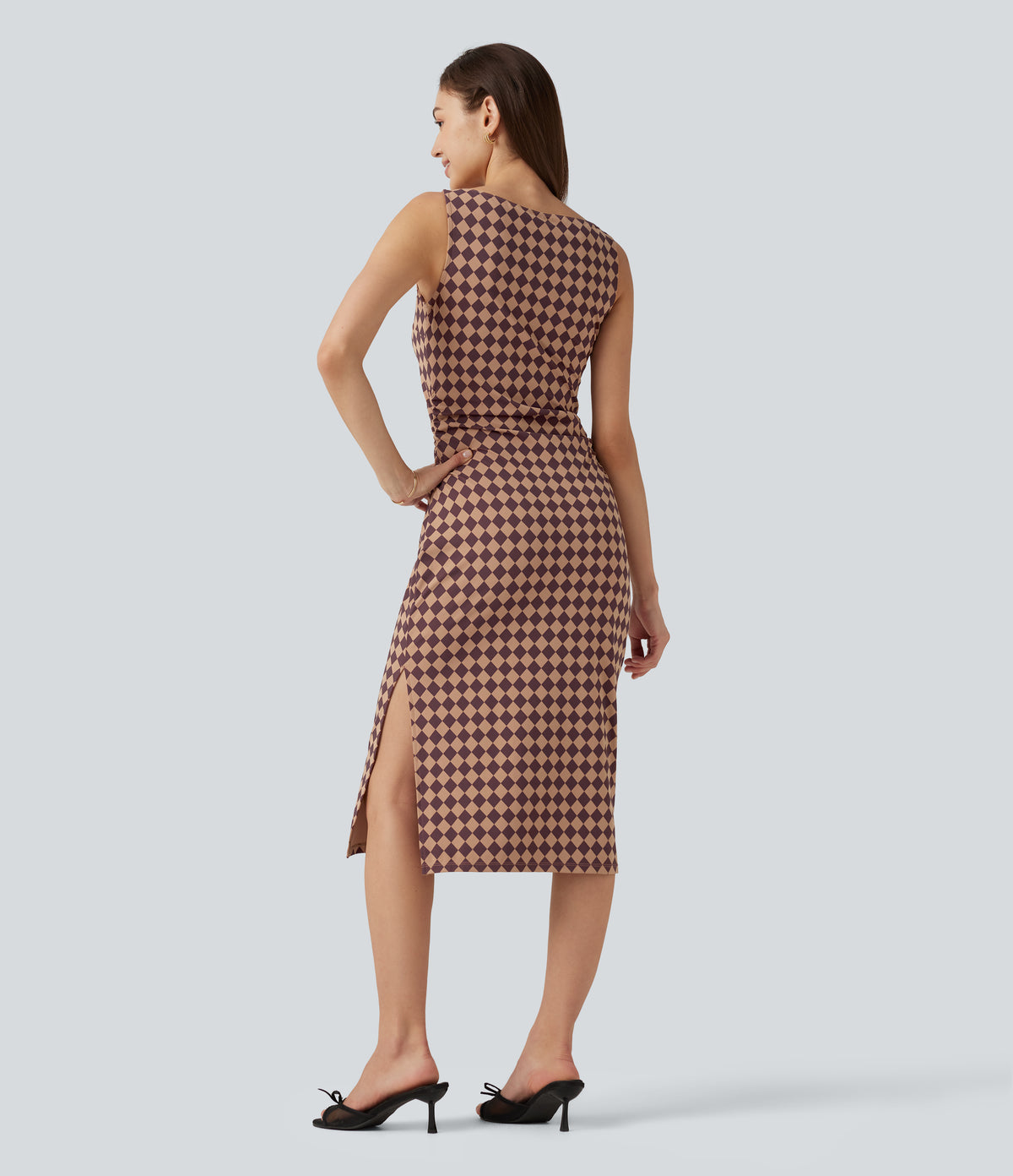 Plaid Print Boat Neck Sleeveless Bodycon Midi Casual Dress — Cafe Check — view 2