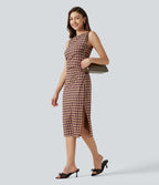 Plaid Print Boat Neck Sleeveless Bodycon Midi Casual Dress — Cafe Check — view 8