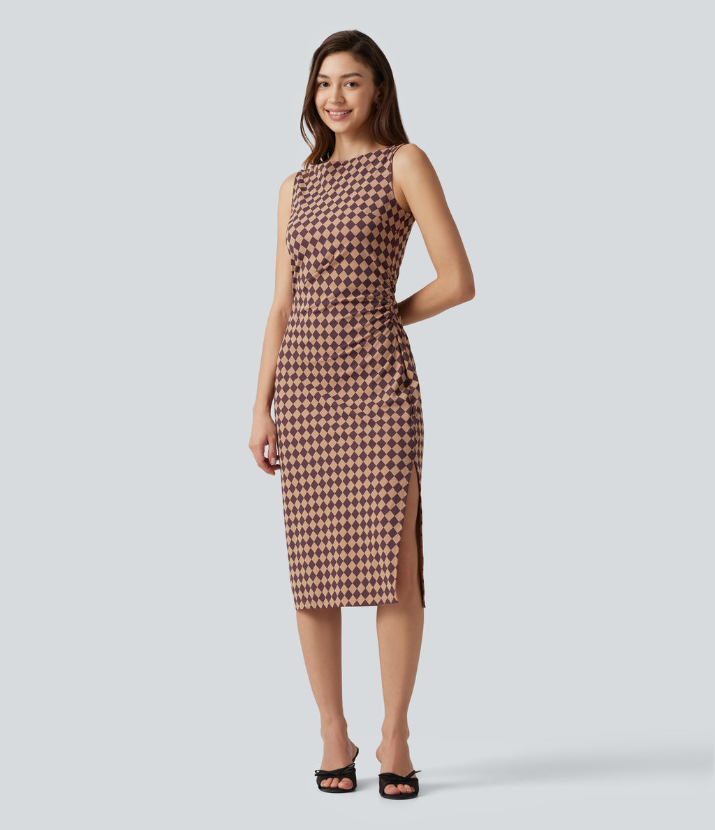 Plaid Print Boat Neck Sleeveless Bodycon Midi Casual Dress — Cafe Check — view 1