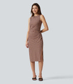 Plaid Print Boat Neck Sleeveless Bodycon Midi Casual Dress — Cafe Check — view 1