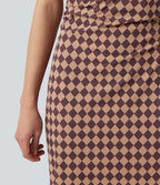 Plaid Print Boat Neck Sleeveless Bodycon Midi Casual Dress — Cafe Check — view 4