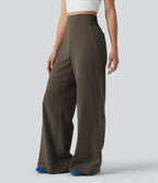 High Waisted Flare Casual Linen-Feel Trousers with Pockets — Dark Earthy Brown — view 3