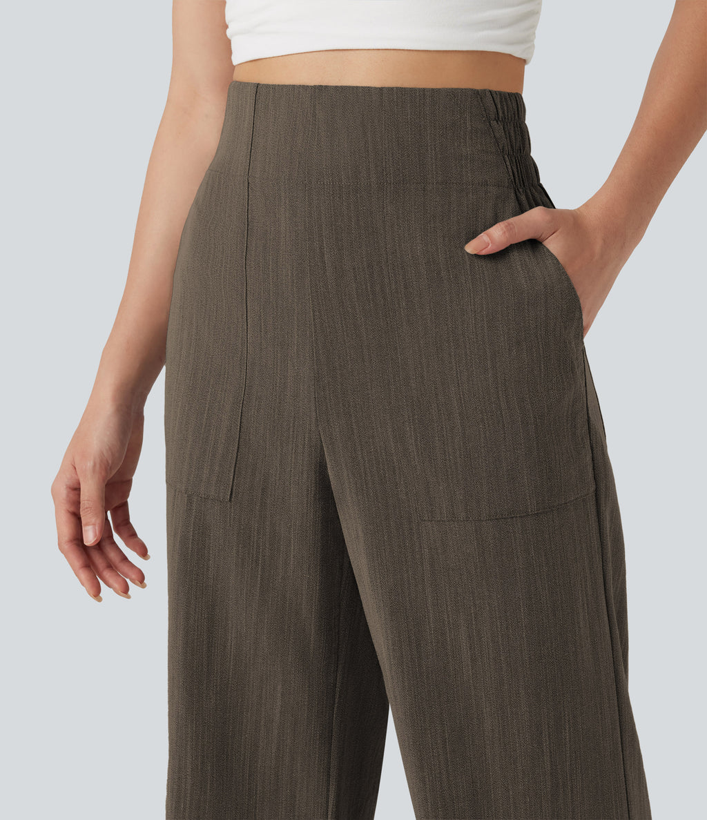 High Waisted Flare Casual Linen-Feel Trousers with Pockets — Dark Earthy Brown — view 5