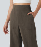High Waisted Flare Casual Linen-Feel Trousers with Pockets — Dark Earthy Brown — view 5