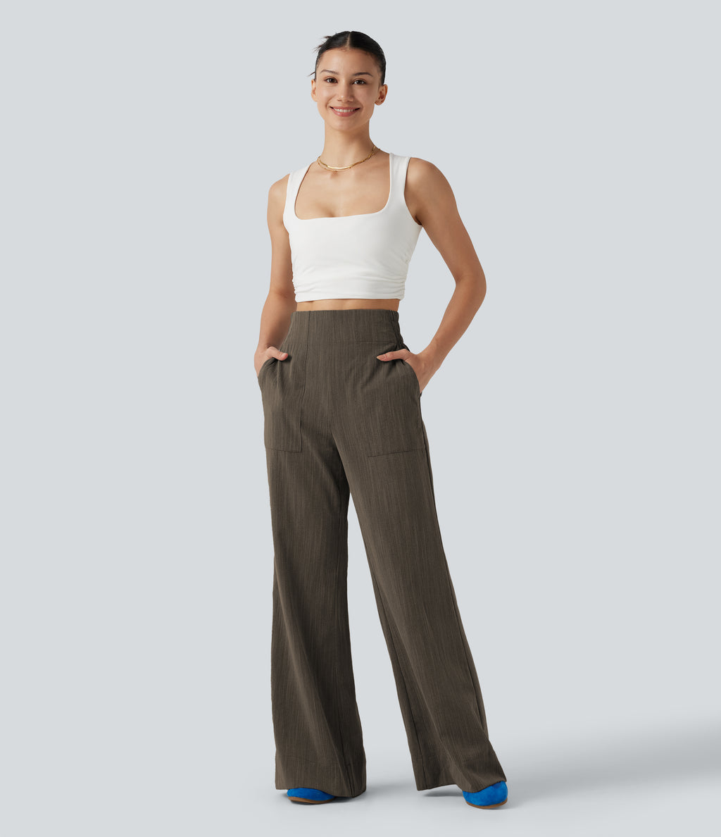 High Waisted Flare Casual Linen-Feel Trousers with Pockets — Dark Earthy Brown — view 7