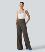 High Waisted Flare Casual Linen-Feel Trousers with Pockets — Dark Earthy Brown — view 7