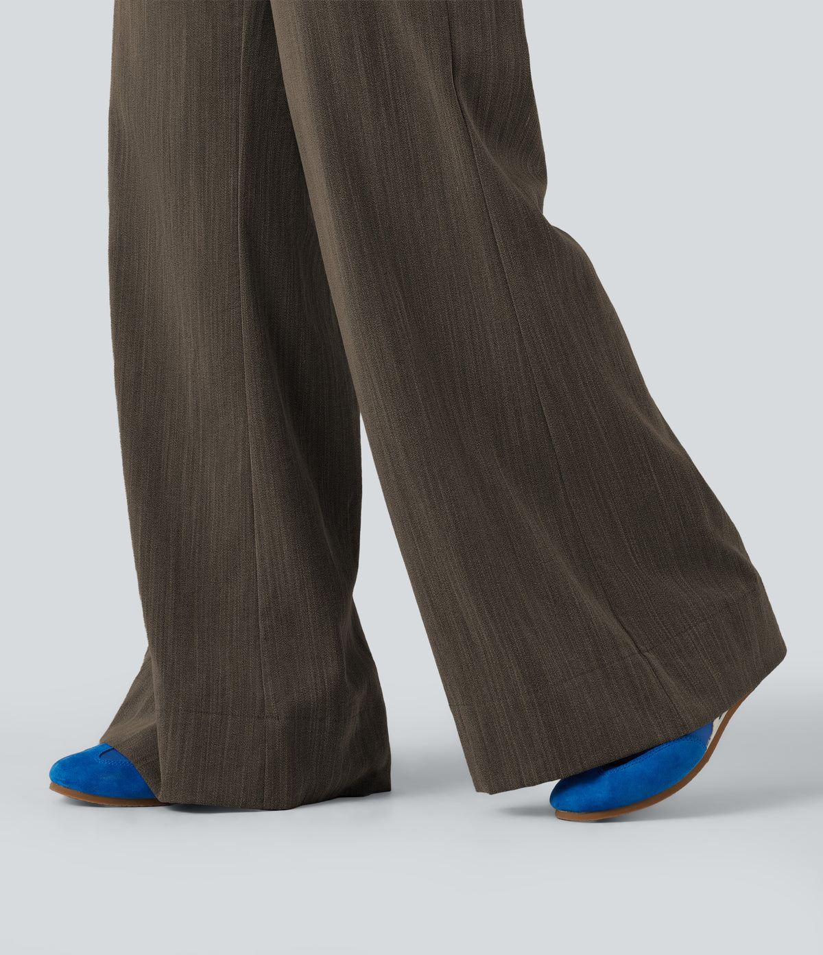 High Waisted Flare Casual Linen-Feel Trousers with Pockets — Dark Earthy Brown — view 6