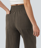 High Waisted Flare Casual Linen-Feel Trousers with Pockets — Dark Earthy Brown — view 4