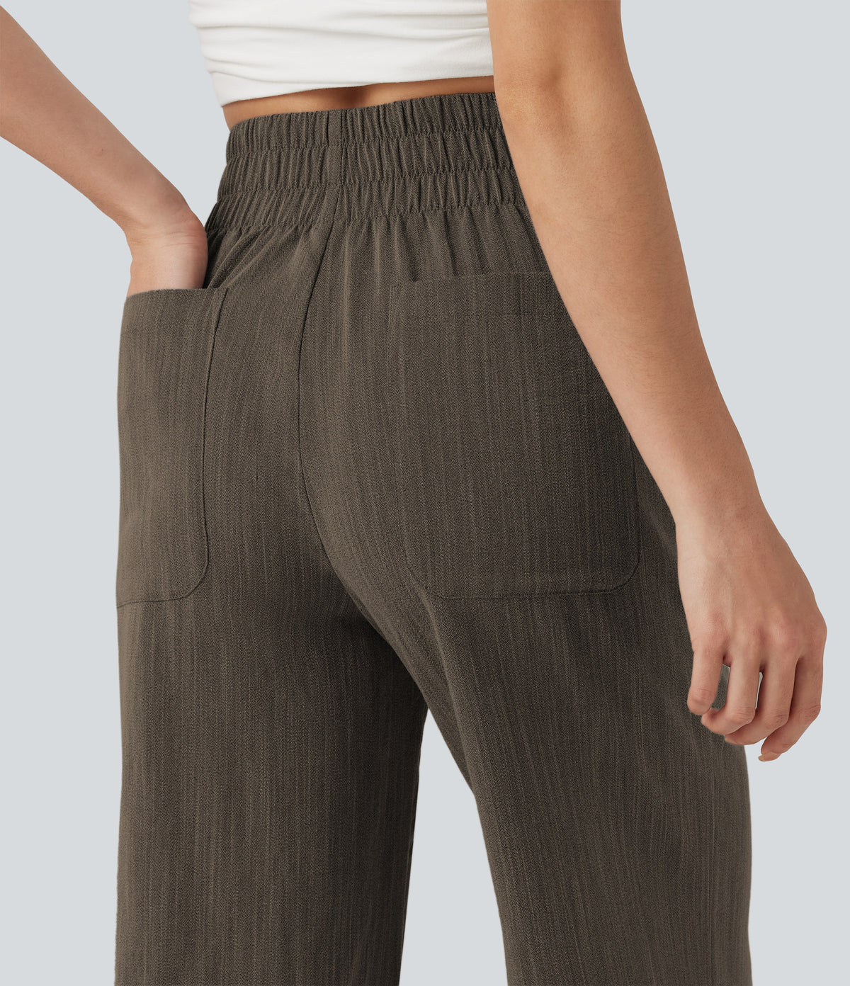 High Waisted Flare Casual Linen-Feel Trousers with Pockets — Dark Earthy Brown — view 4