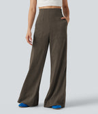 High Waisted Flare Casual Linen-Feel Trousers with Pockets — Dark Earthy Brown — view 1