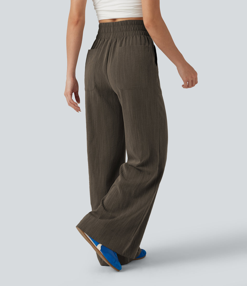 High Waisted Flare Casual Linen-Feel Trousers with Pockets — Dark Earthy Brown — view 2